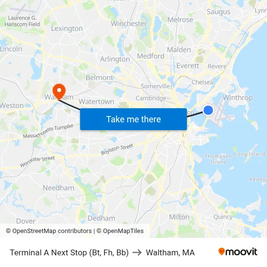 Terminal A Next Stop (Bt, Fh, Bb) to Waltham, MA map