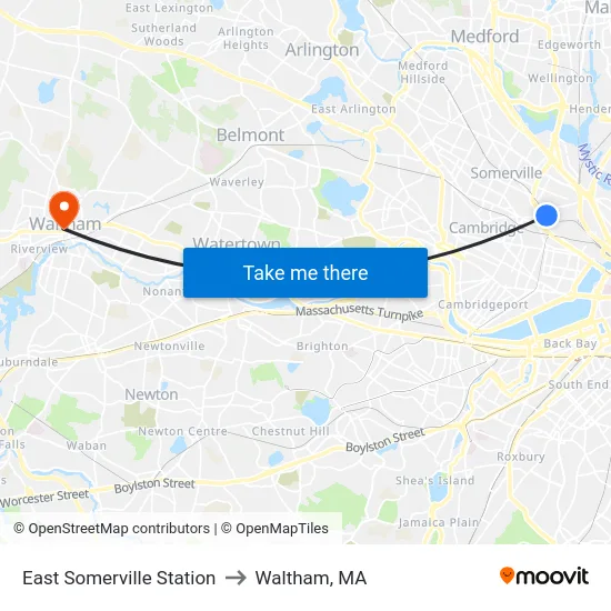 East Somerville Station to Waltham, MA map