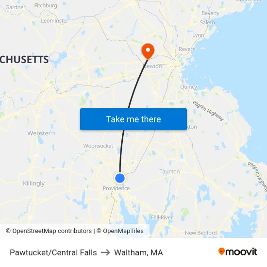 Pawtucket/Central Falls to Waltham, MA map