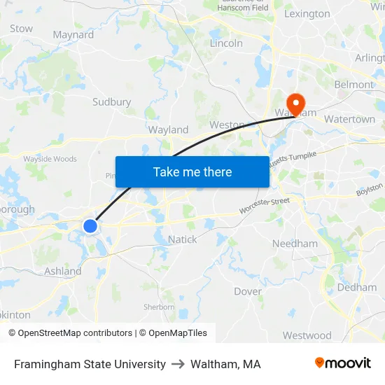 Framingham State University to Waltham, MA map