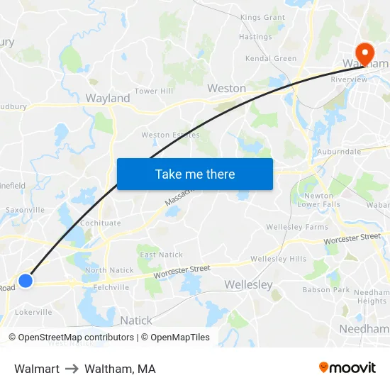Walmart to Waltham, MA map