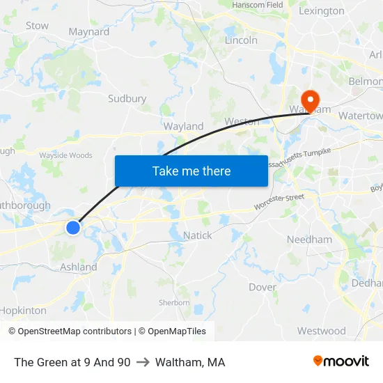 The Green at 9 And 90 to Waltham, MA map