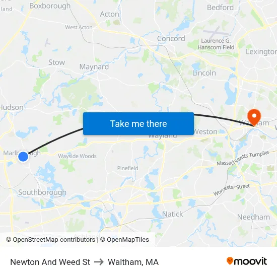 Newton And Weed St to Waltham, MA map