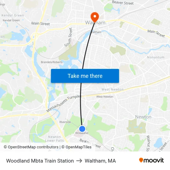 Woodland Mbta Train Station to Waltham, MA map