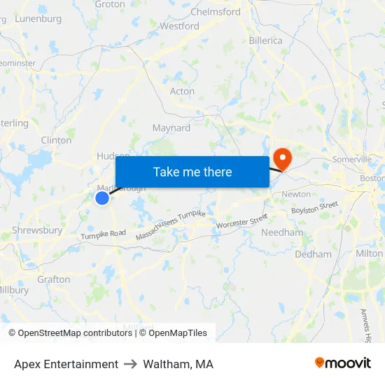 Apex Entertainment to Waltham, MA map