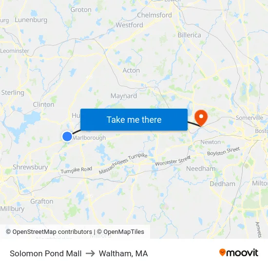 Solomon Pond Mall to Waltham, MA map