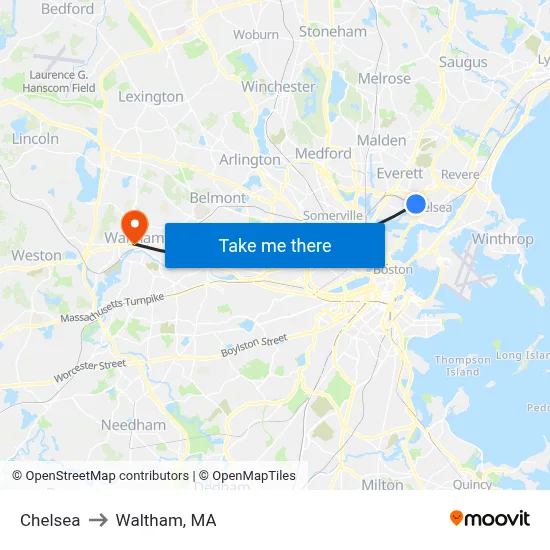 Chelsea to Waltham, MA map