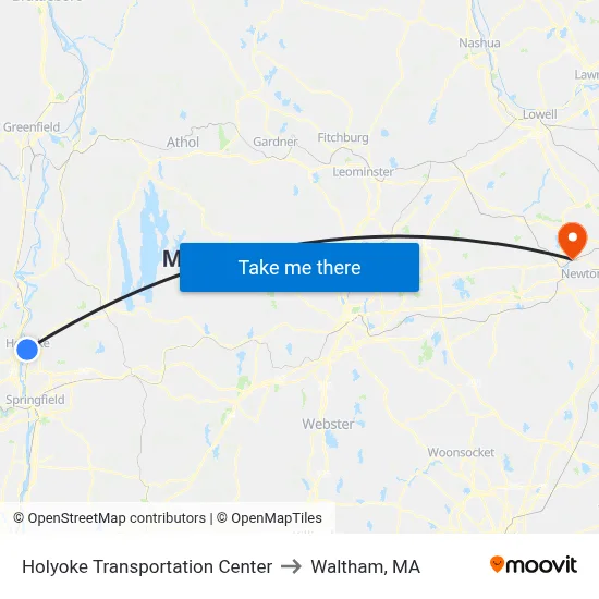 Holyoke Transportation Center to Waltham, MA map