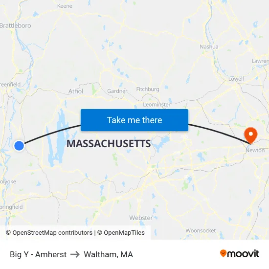 Big Y - Amherst to Waltham, MA map