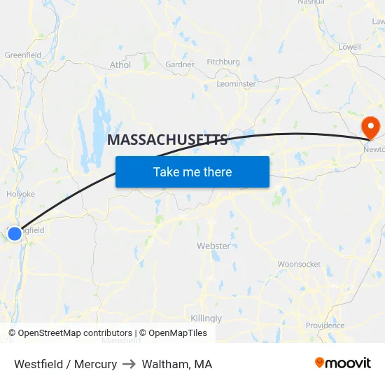 Westfield / Mercury to Waltham, MA map