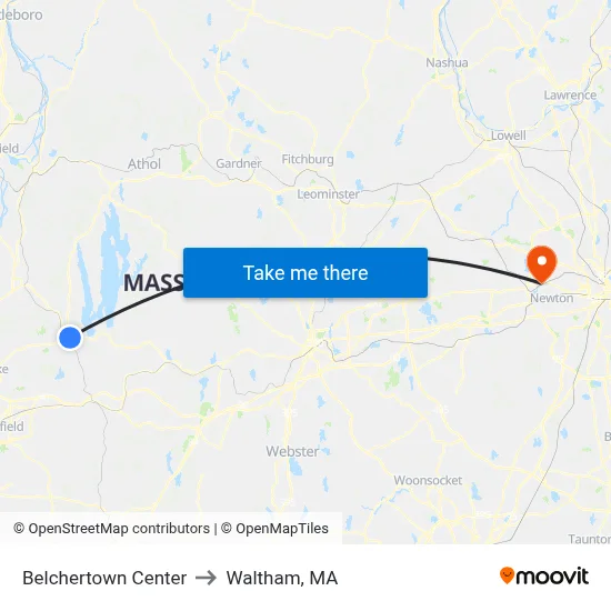 Belchertown Center to Waltham, MA map