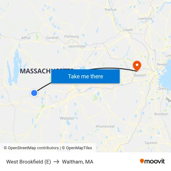 West Brookfield (E) to Waltham, MA map