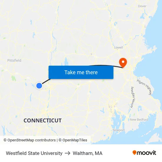 Westfield State University to Waltham, MA map