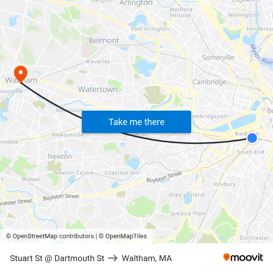 Stuart St @ Dartmouth St to Waltham, MA map