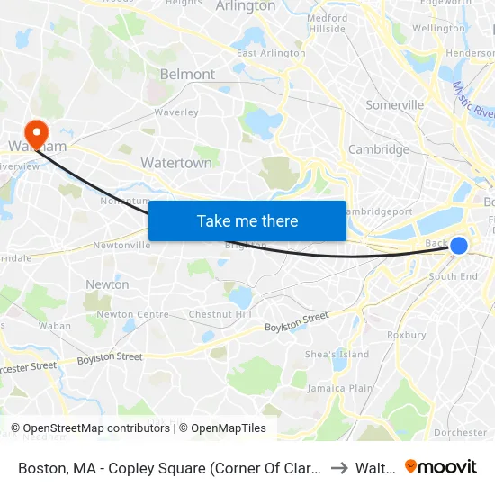 Boston, MA - Copley Square (Corner Of Clarendon St. & St. James Ave. In Front Of Trinity Church) to Waltham, MA map