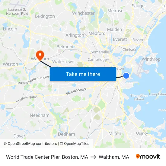 World Trade Center Pier, Boston, MA to Waltham, MA map