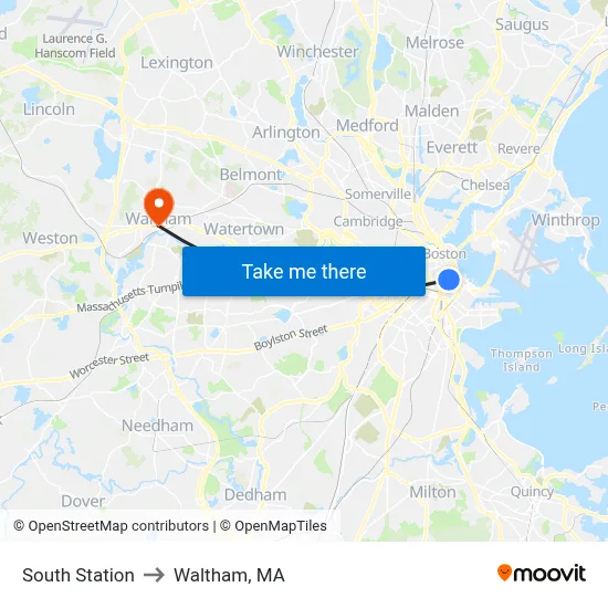 South Station to Waltham, MA map
