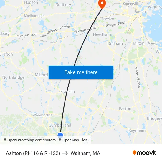 Ashton (Ri-116 & Ri-122) to Waltham, MA map