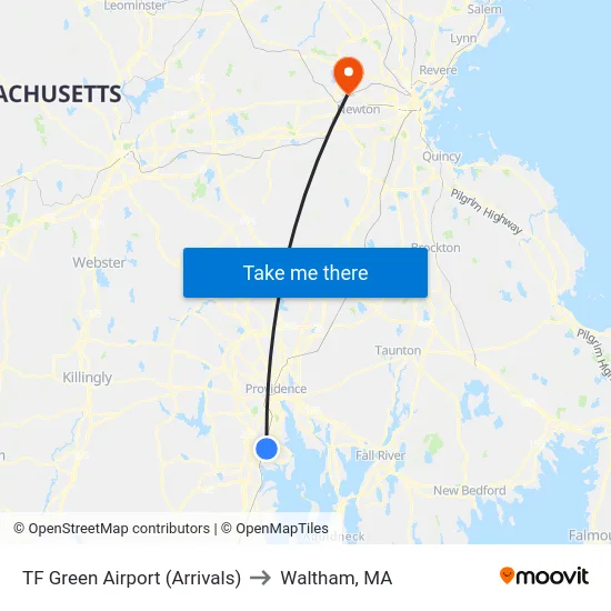 TF Green Airport (Arrivals) to Waltham, MA map