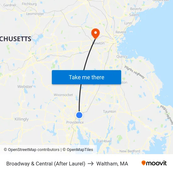 Broadway & Central (After Laurel) to Waltham, MA map