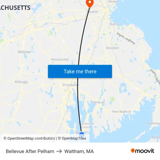 Bellevue After Pelham to Waltham, MA map