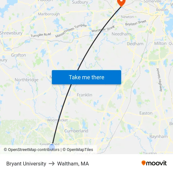 Bryant University to Waltham, MA map