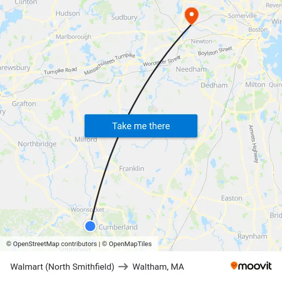 Walmart (North Smithfield) to Waltham, MA map
