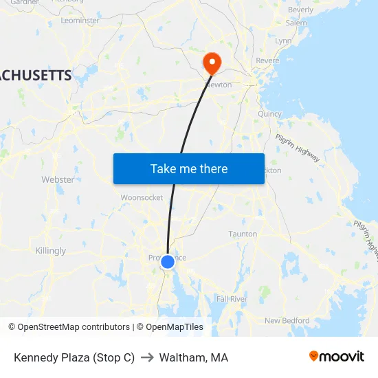 Kennedy Plaza (Stop C) to Waltham, MA map