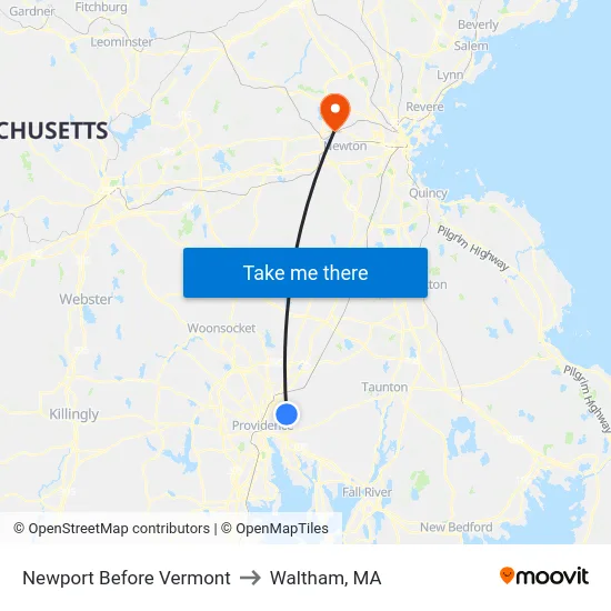 Newport Before Vermont to Waltham, MA map