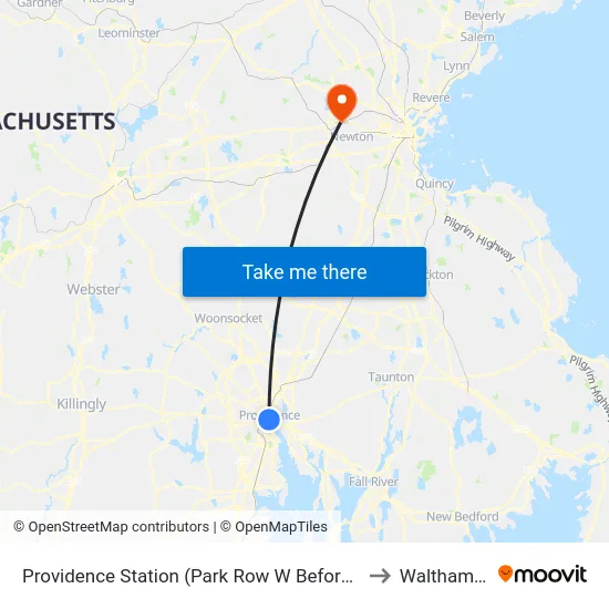 Providence Station (Park Row W Before Exchange) to Waltham, MA map