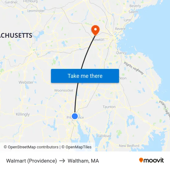 Walmart (Providence) to Waltham, MA map