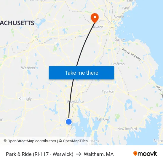 Park & Ride (Ri-117 - Warwick) to Waltham, MA map
