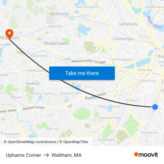 Uphams Corner to Waltham, MA map