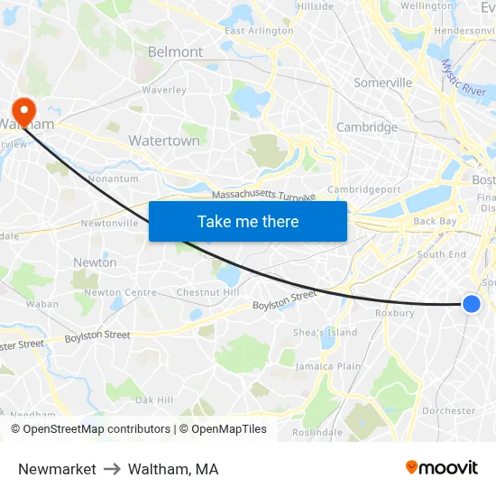 Newmarket to Waltham, MA map