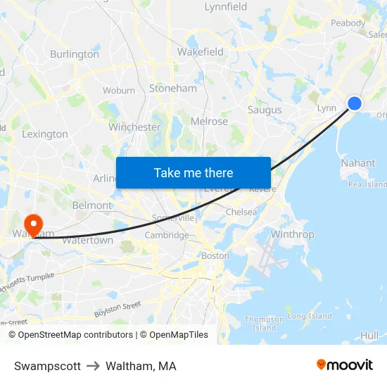 Swampscott to Waltham, MA map