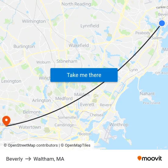 Beverly to Waltham, MA map