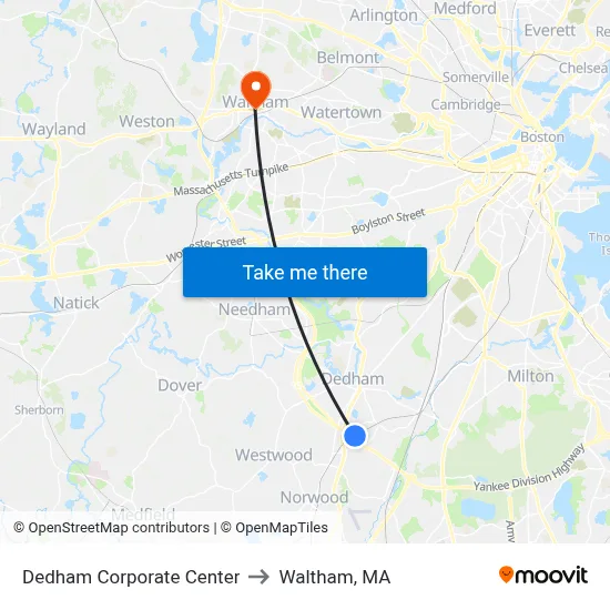 Dedham Corporate Center to Waltham, MA map
