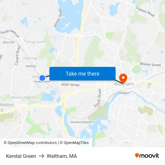 Kendal Green to Waltham, MA map