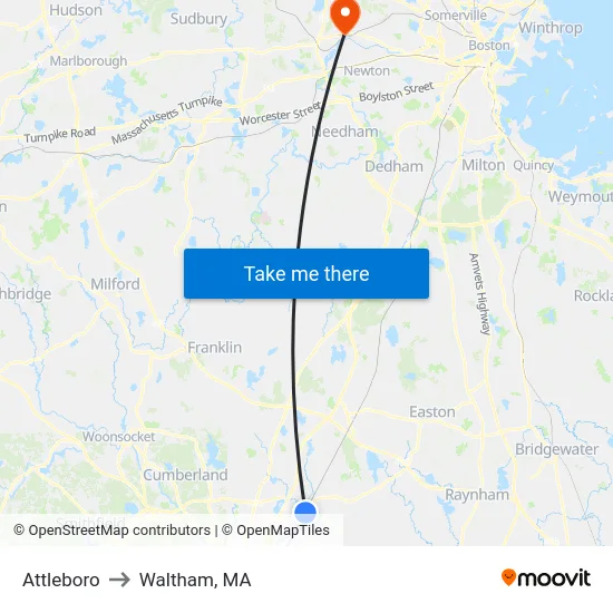 Attleboro to Waltham, MA map