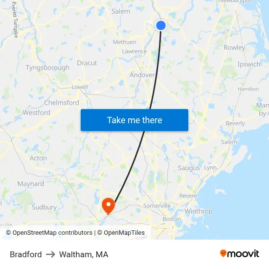 Bradford to Waltham, MA map