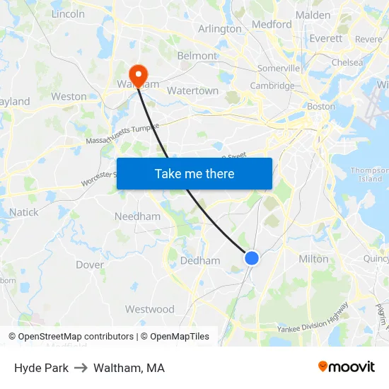 Hyde Park to Waltham, MA map