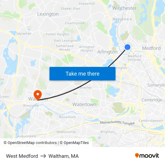 West Medford to Waltham, MA map