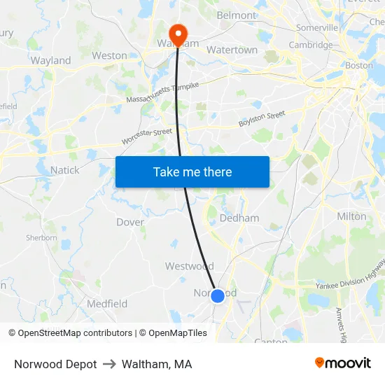 Norwood Depot to Waltham, MA map