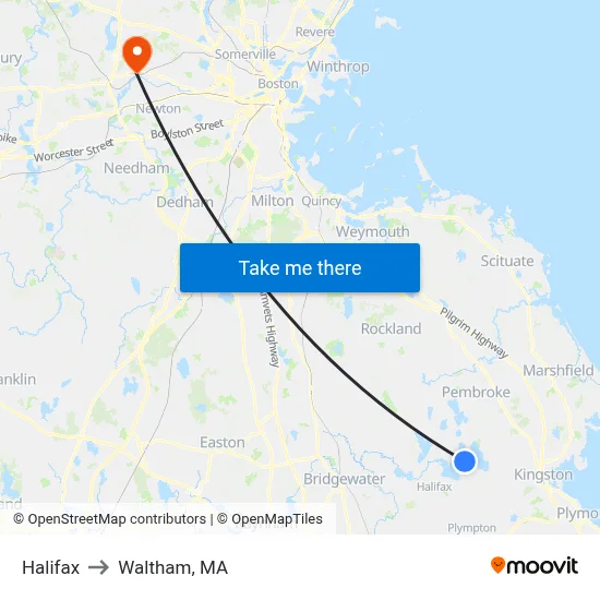 Halifax to Waltham, MA map