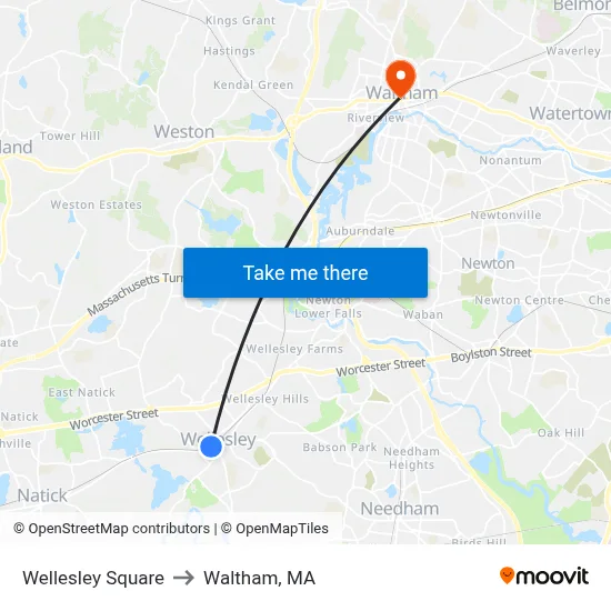Wellesley Square to Waltham, MA map