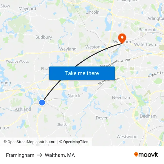 Framingham to Waltham, MA map