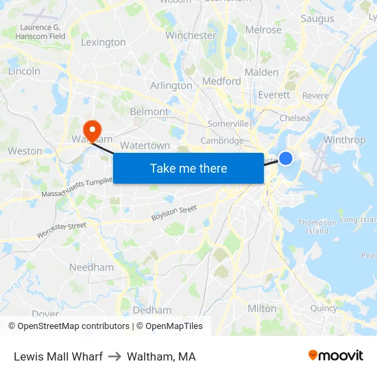 Lewis Mall Wharf to Waltham, MA map