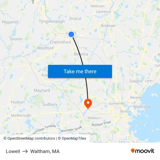Lowell to Waltham, MA map