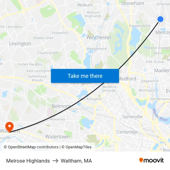 Melrose Highlands to Waltham, MA map
