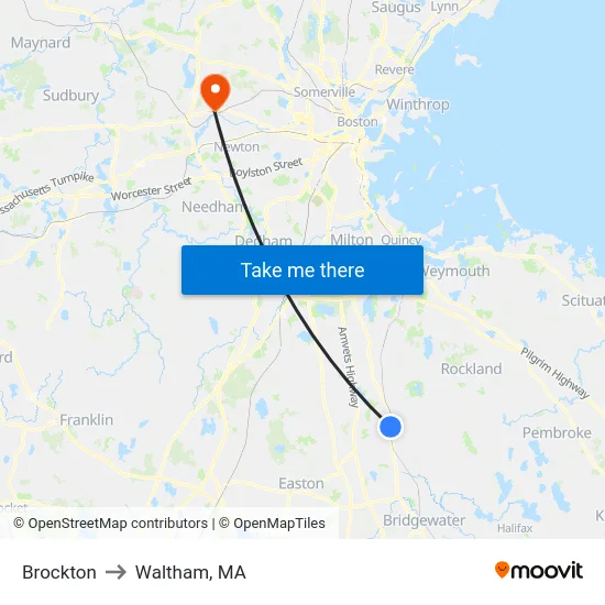 Brockton to Waltham, MA map